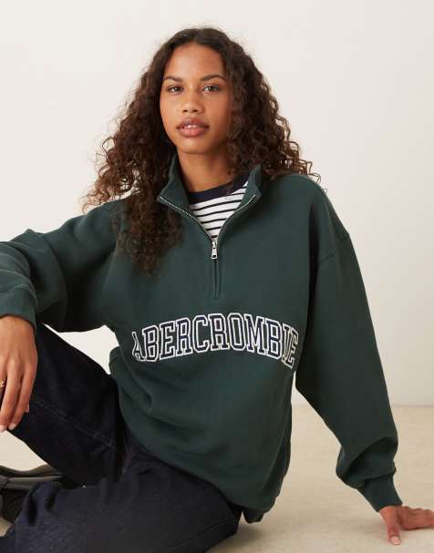 Abercrombie & Fitch – Grön sweatshirt i fleece med kvartslång dragkedja och logga framtill - view 1