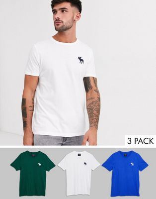 Abercrombie & Fitch – Grön/vit/blå t-shirt i 3-pack med stor logga-Flerfärgad
