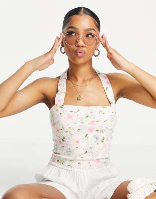 Abercrombie & Fitch halter linen top in white floral | ASOS