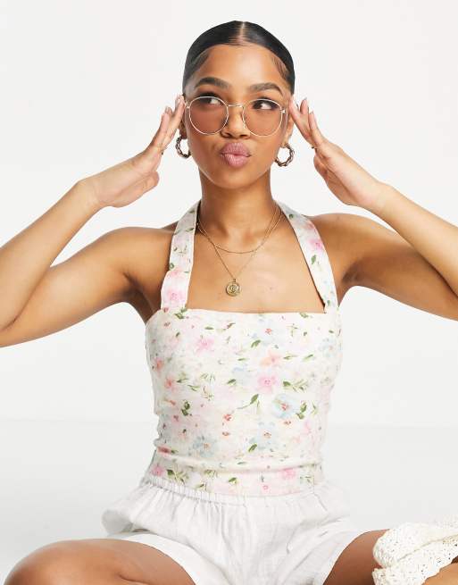 Abercrombie & Fitch halter linen top in white floral
