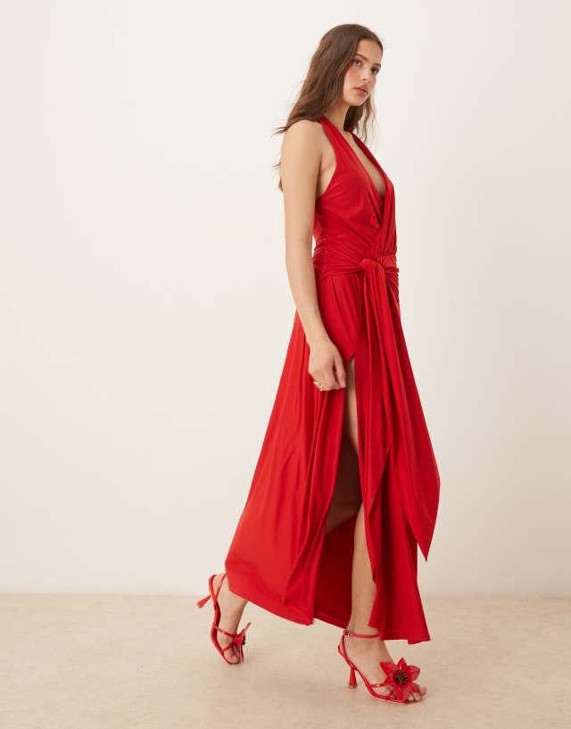 red abercrombie dress Ribbed Knit V-neck Midi featuring ruching details along the bodice Abercrombie &amp; Fitch + All-Over