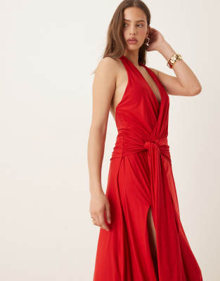 Abercrombie & Fitch Halter Neck Elevated Jersey Knot Front Maxi Dress In Green