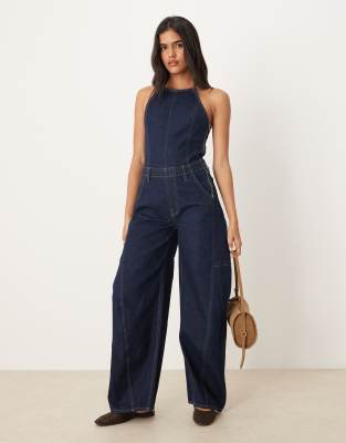 Abercrombie & Fitch Halterneck Barrel Leg Denim Jumpsuit In Blue