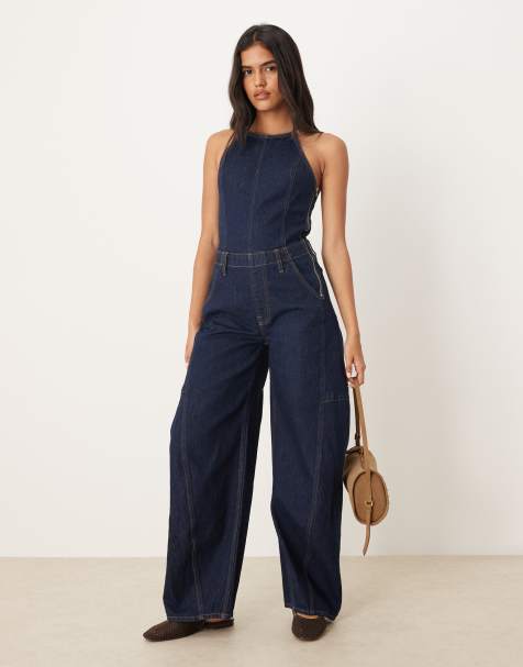 Abercrombie & Fitch halterneck barrel leg denim jumpsuit in indigo - view 1