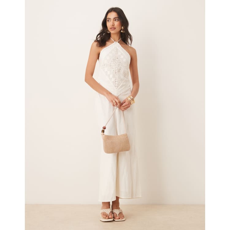 halterneck ruffle-appliqu midaxi dress in ivory Square Neck Halterneck Tailored Midaxi Dress In Cream | EGO US