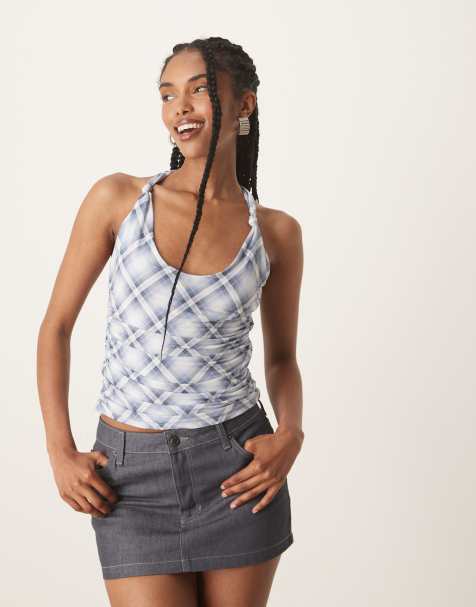 Abercrombie & Fitch halterneck top with knot detail in blue check