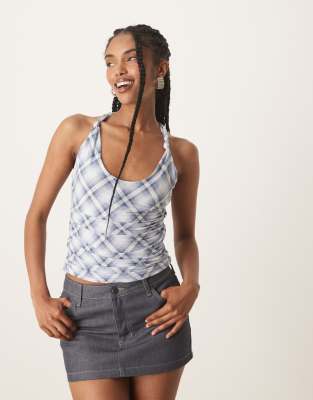 halterneck top with knot detail in blue plaid-White