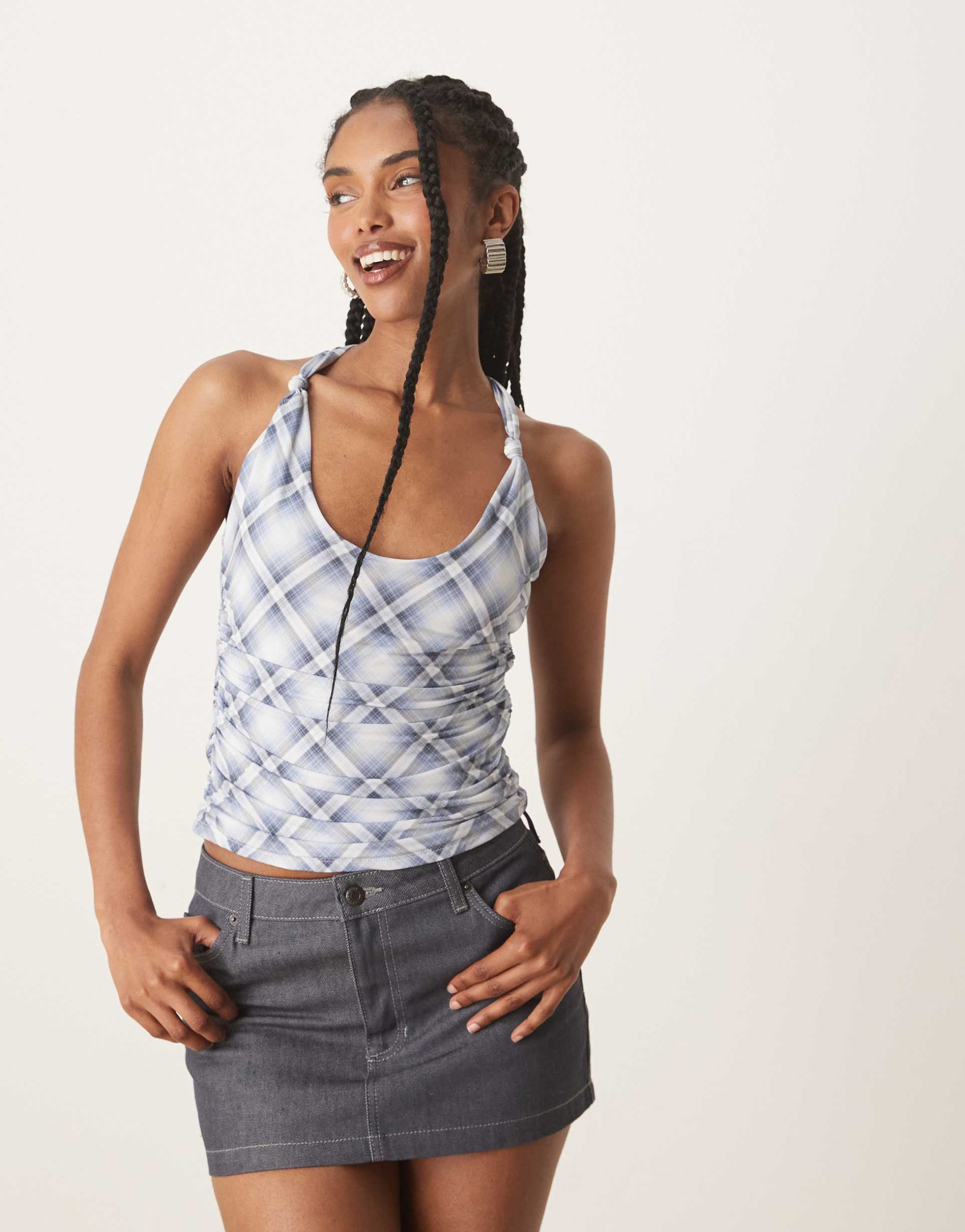 abercrombie & fitch halterneck top with knot detail in blue plaid