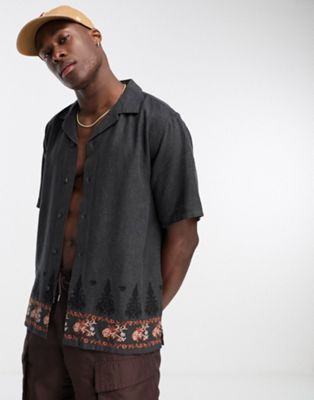 Abercrombie & Fitch handcrafted embroidered short sleeve shirt in black embroidery - ASOS Price Checker