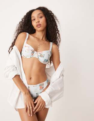 Haut de bikini d'ensemble à bretelles larges - Imprimé carte postale-Multicolore S