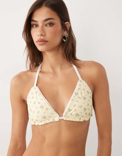 Abercrombie & Fitch - Haut de bikini triangle réversible d'ensemble à imprimé fleuri et rayures - Jaune et bleu, 3 de 4