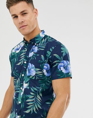 Abercrombie & Fitch - Hawaiian overhemd met korte mouwen en bladprint in marineblauw