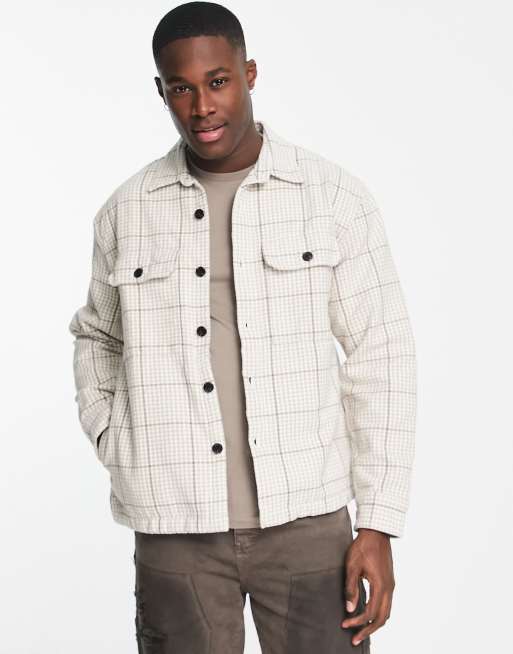 Abercrombie & Fitch heavyweight check overshirt in cream, 3 of 4