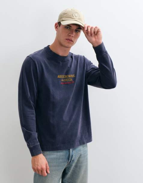 Abercrombie & Fitch heavyweight T-shirt met lange mouwen en print op de voorkant in marineblauw met wassing - view 1