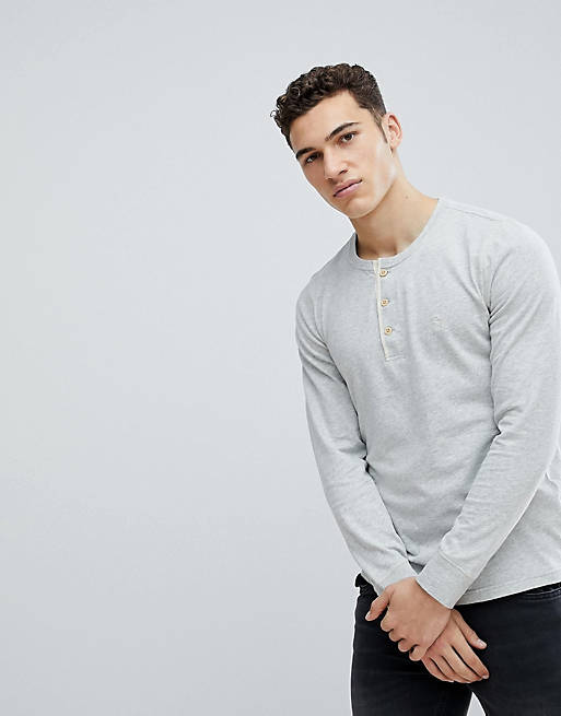 Abercrombie & Fitch Henley Contrast Placket Long Sleeve Top Tonal Logo in Grey Marl