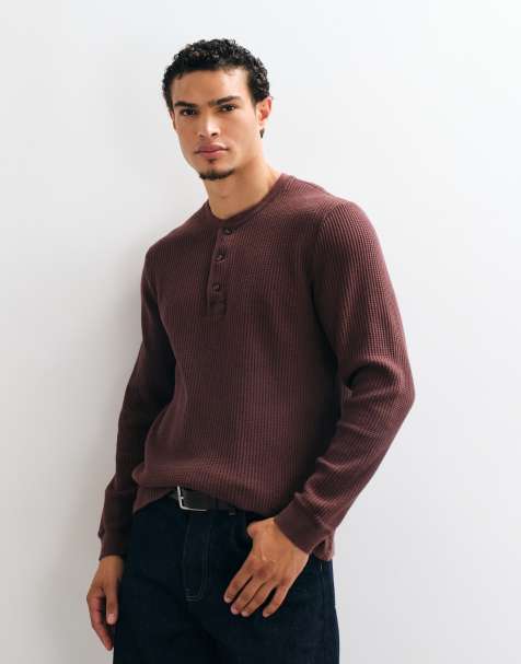 Abercrombie & Fitch henley-topp i våffelstruktur, brun - view 1