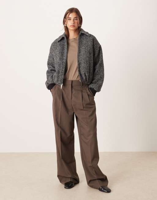 Abercrombie & Fitch herringbone wool-look bubble hem bomber jacket in grey, 2 of 4