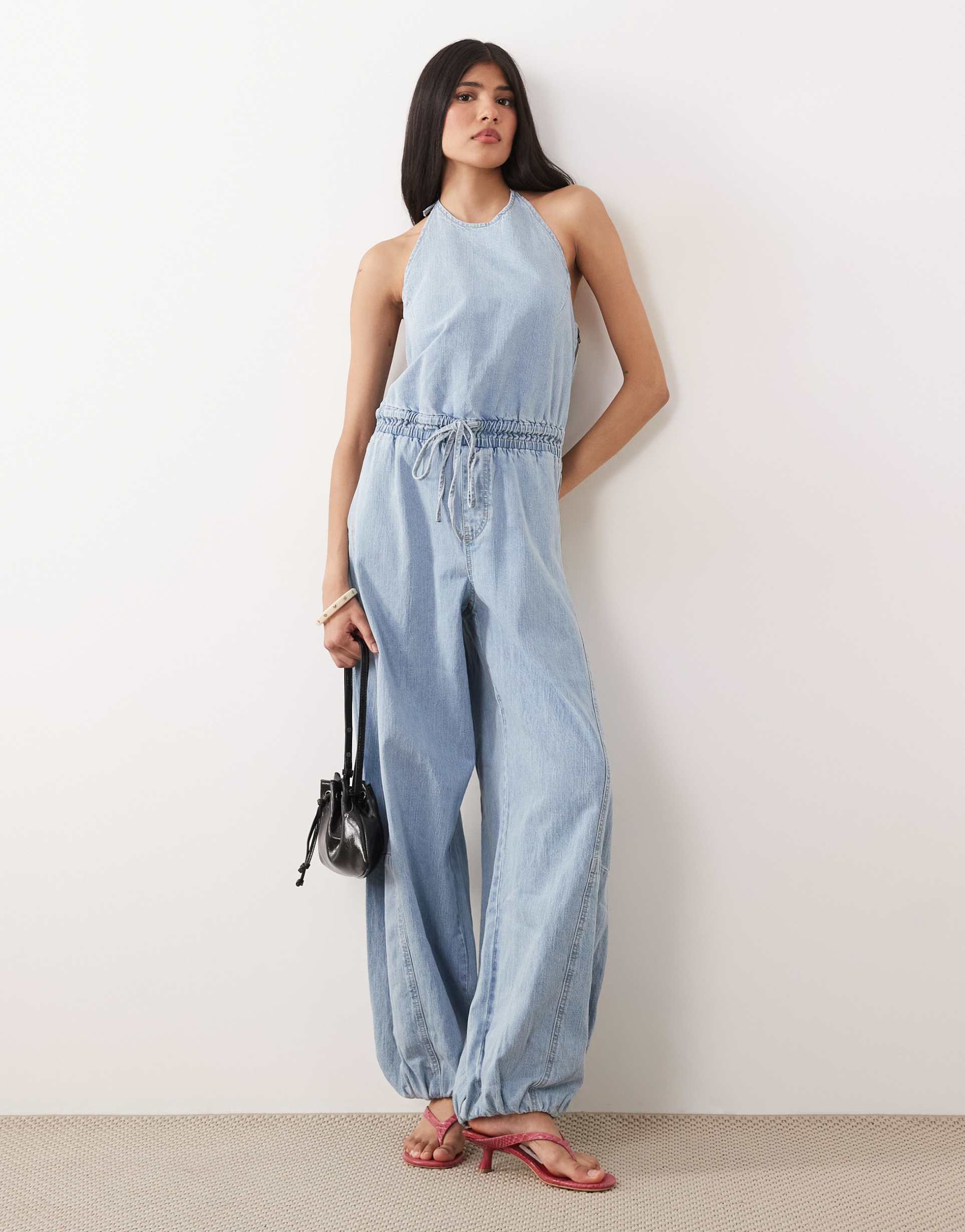 abercrombie & fitch high neck balloon leg denim jumpsuit in light blue wash