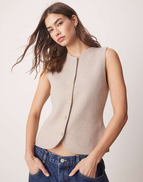 Abercrombie & Fitch high neck button through knit vest in taupe - view 1