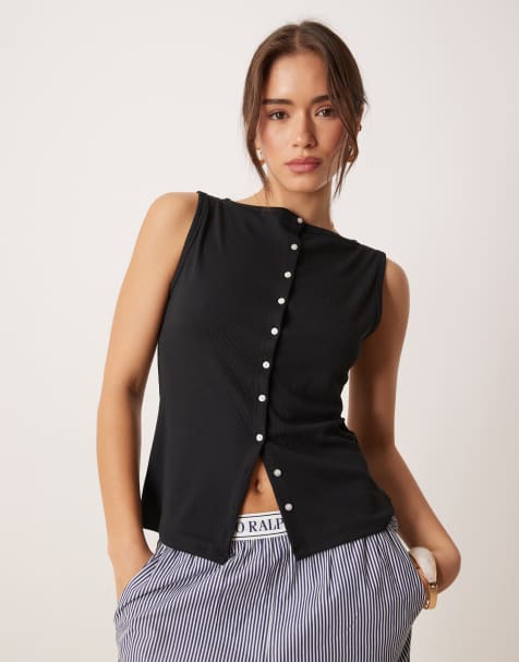 Abercrombie & Fitch high neck button through tank top in black - view 1