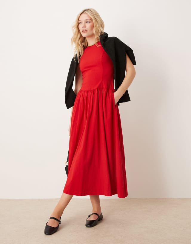 high neck drop waist midi dress Abercrombie & Fitch in red drop waist maxi dress