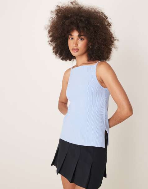 Abercrombie & Fitch high neck knit tank top with side slits in blue - view 1