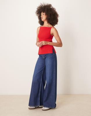 Abercrombie & Fitch High Neck Knit Tank Top With Side Slits In Red