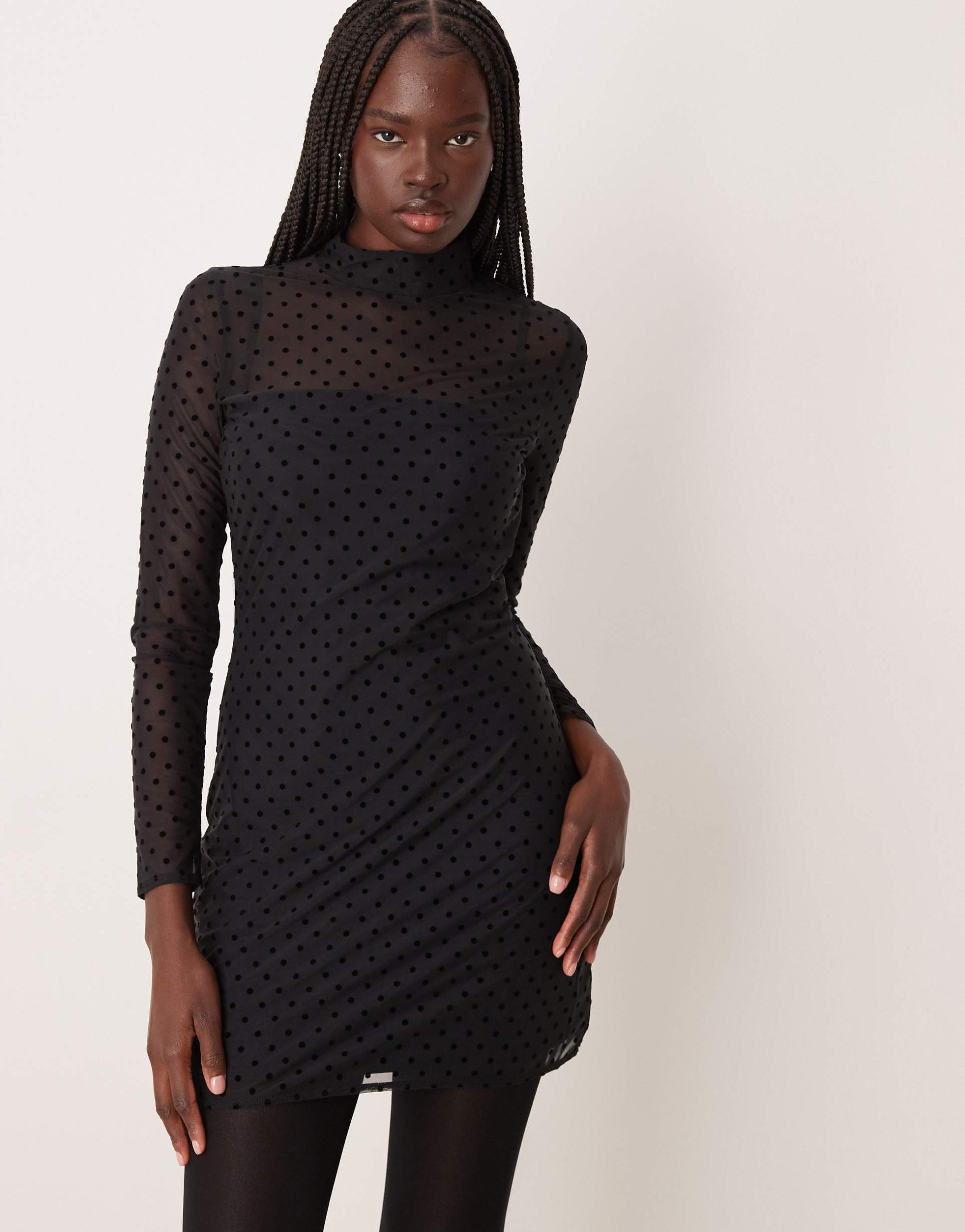 abercrombie & fitch high neck open back mesh mini dress in black spots