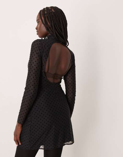 Abercrombie & Fitch high neck open back mesh mini dress in black spots, 3 of 4