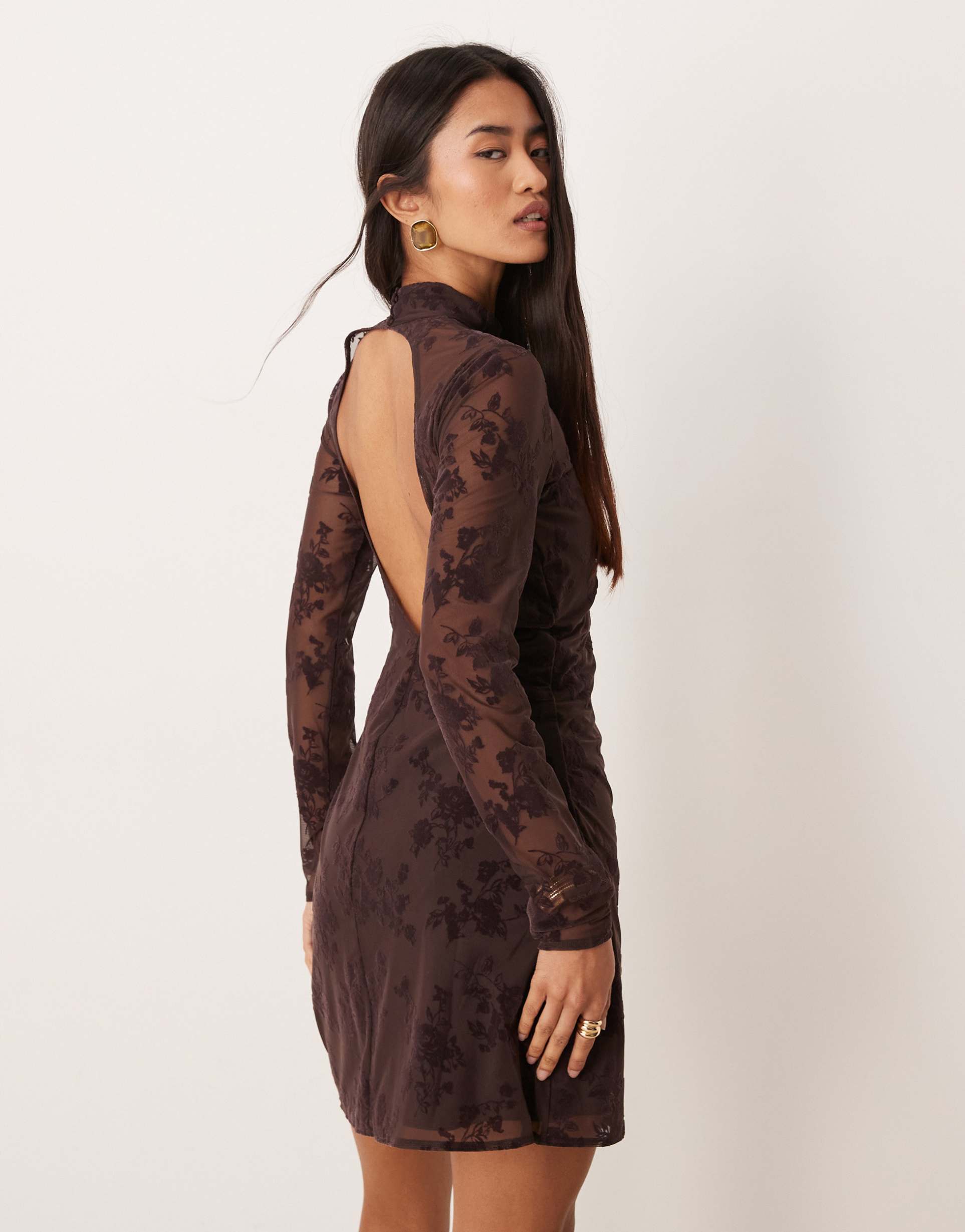 abercrombie & fitch high neck open back mini dress with bra insert in brown floral