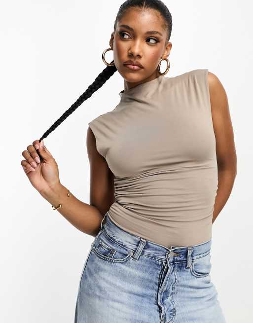 Abercrombie & Fitch high neck ruched bodysuit in brown