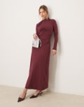 [Abercrombie & Fitch] Abercrombie & Fitch high neck ruched wrap detail maxi dress in burgundy-Red S Wine