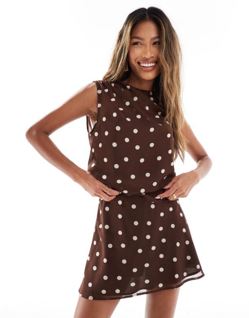 Abercrombie Fitch high neck sheer layered top in brown polka dot