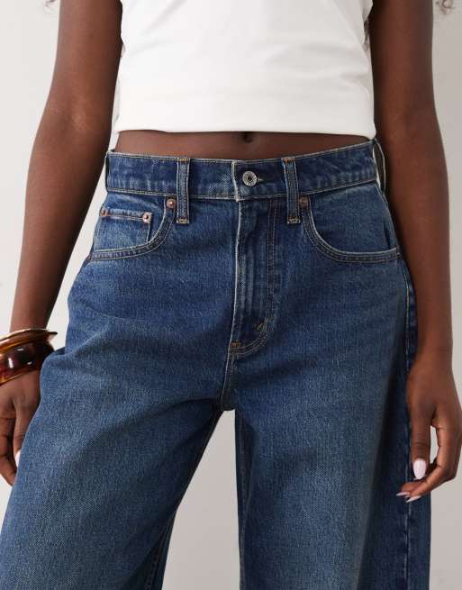 Abercrombie & Fitch high rise barrel fit jeans in dark blue, 4 of 5