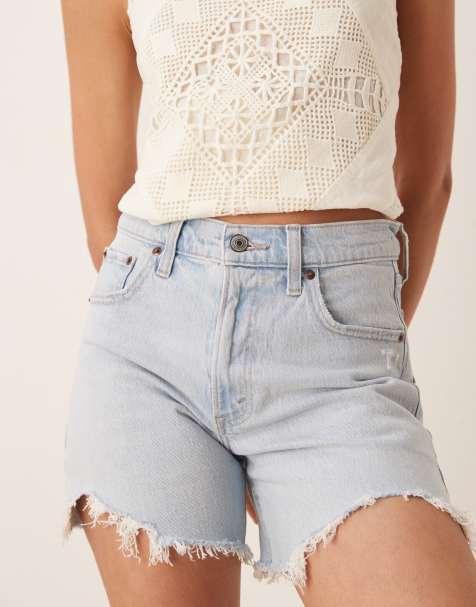 Abercrombie & Fitch high rise dad shorts with frayed hems in bleach wash denim - view 1