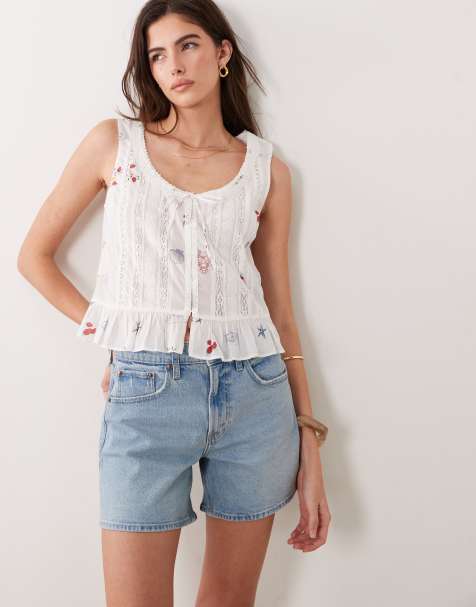 Abercrombie & Fitch high rise denim dad short with clean hem in bleach blue - view 1