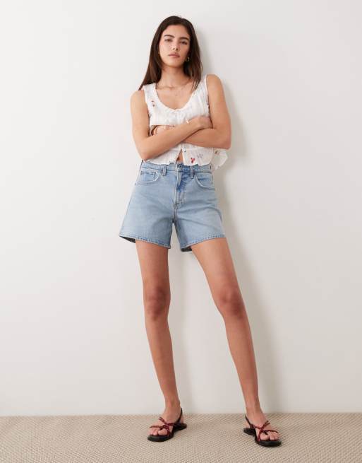 Abercrombie & Fitch high rise denim dad short with clean hem in bleach blue, 2 of 5
