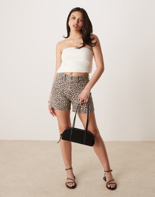 Abercrombie & Fitch high rise denim dad shorts in leopard print
