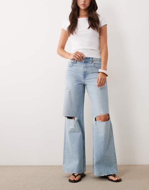 Abercrombie & Fitch high rise wide jeans with knee rips in light blue wash - view 1
