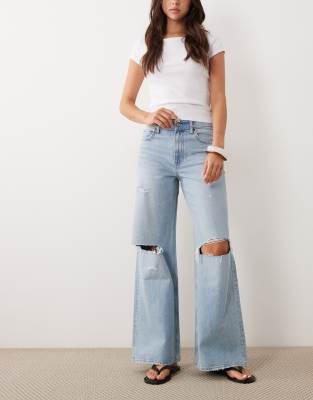 Abercrombie & Fitch High Rise Wide Leg Jeans With Knee Rips In Blue