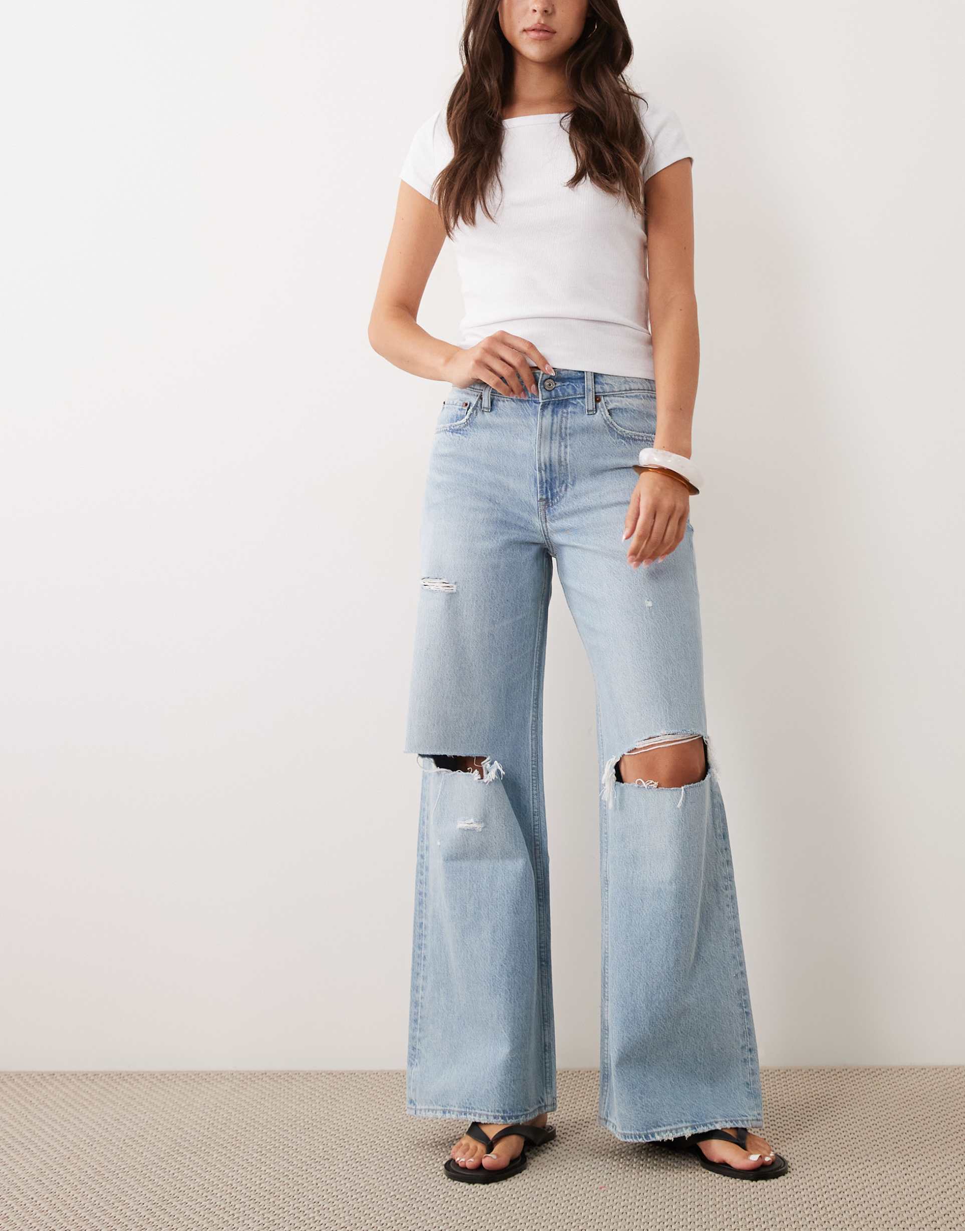 abercrombie & fitch high rise wide leg jeans with knee rips in light blue wash