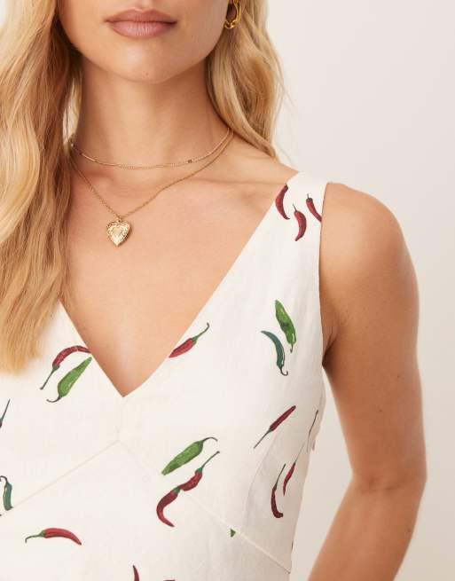 Abercrombie & Fitch high v neck linen blend mini dress in green print