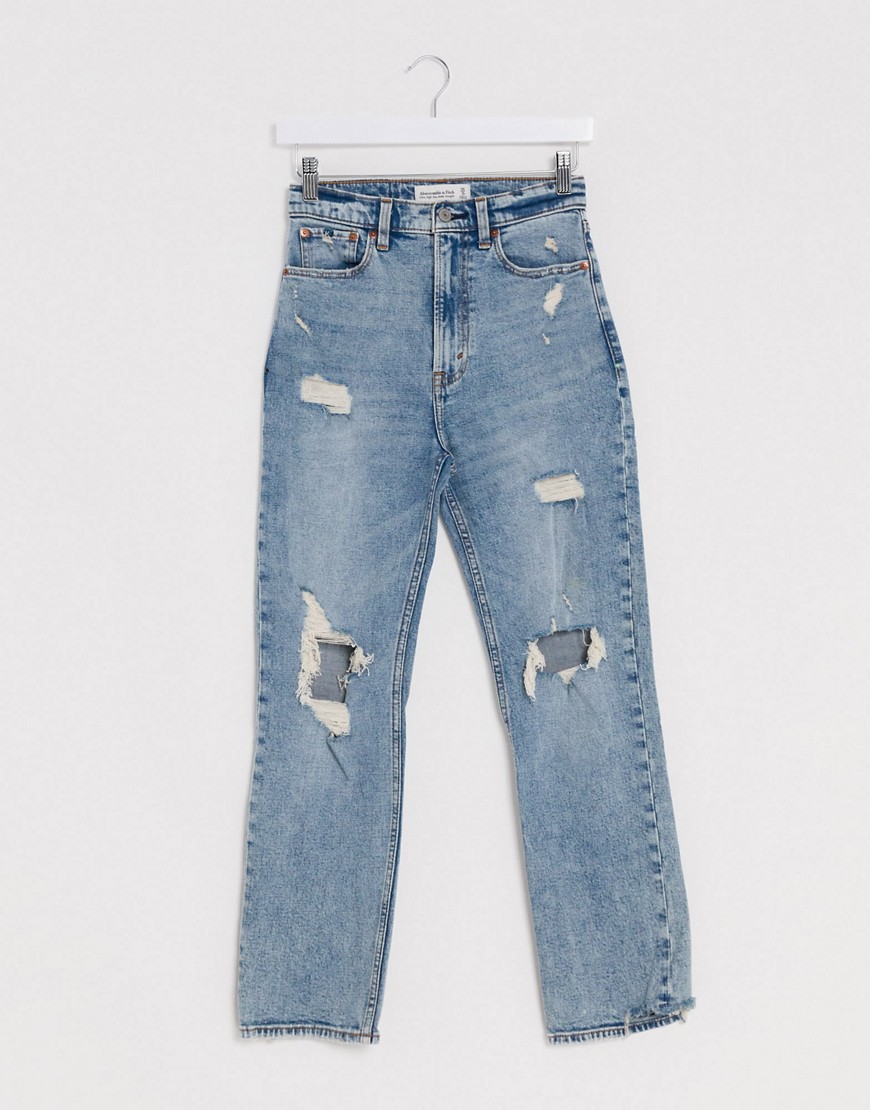 Abercrombie & Fitch high waist ripped knee denim jean in blue