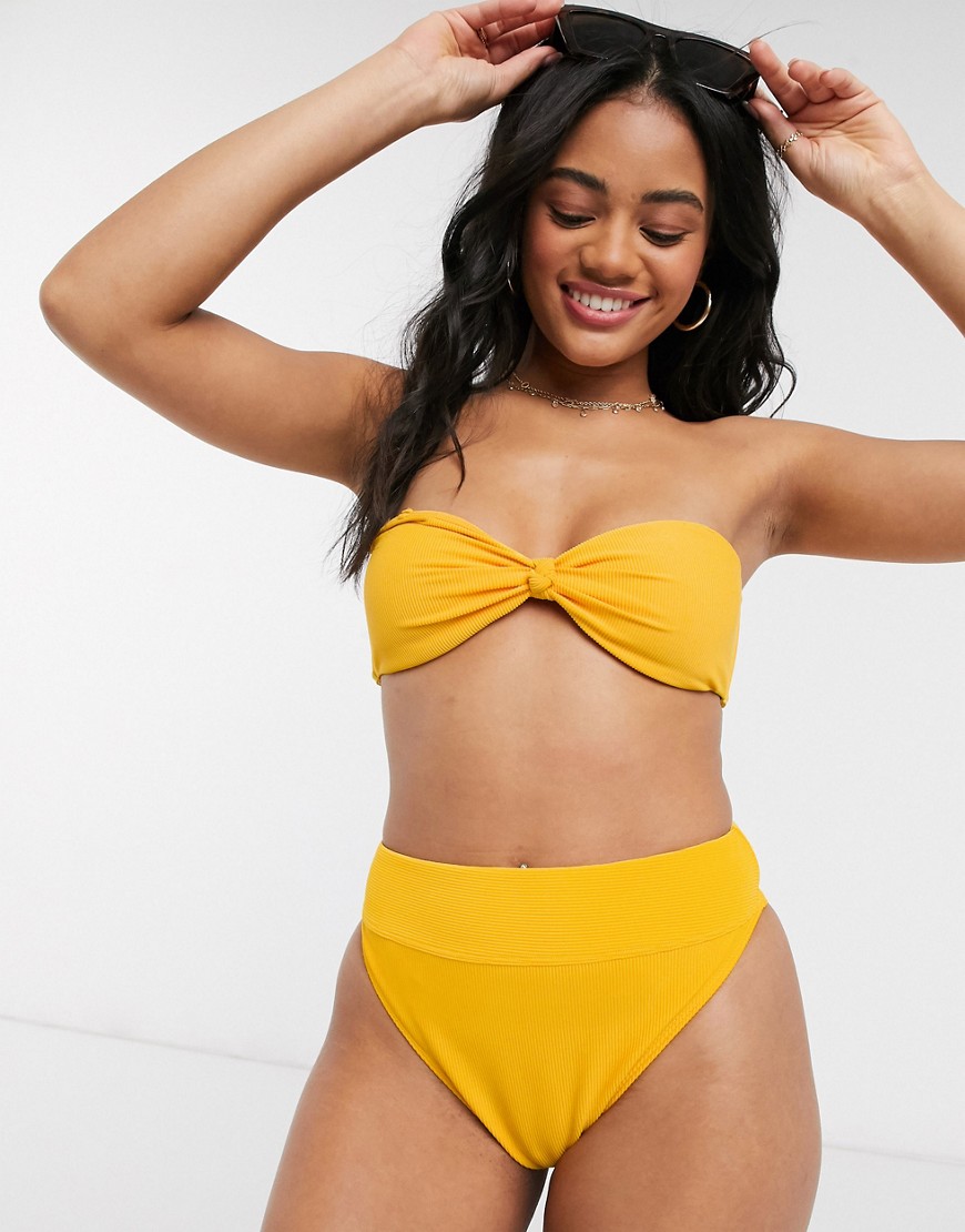 Abercrombie & Fitch high waisted high leg ribbed bikini brief in yellow-Gold