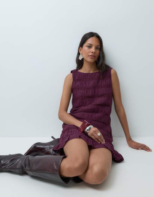 Abercrombie & Fitch højhalset smock minikjole i bordeaux, 2 af 5