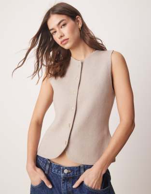 Abercrombie & Fitch - Hochgeschlossene Strickweste in Taupe mit durchgehender Knopfleiste-Braun