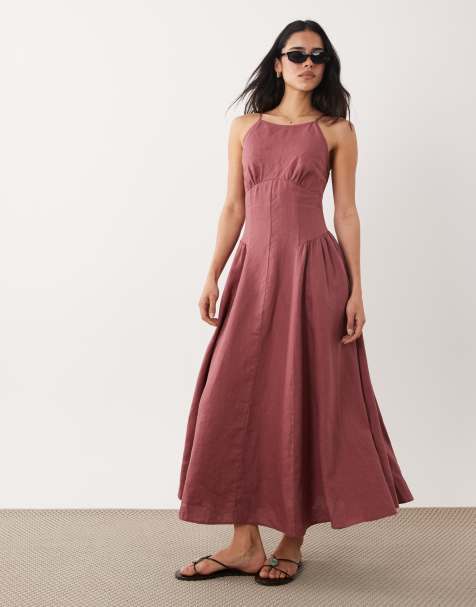 Abercrombie & Fitch – Hochgeschlossenes Midikleid in Burgunderrot mit tiefer Taille - view 1