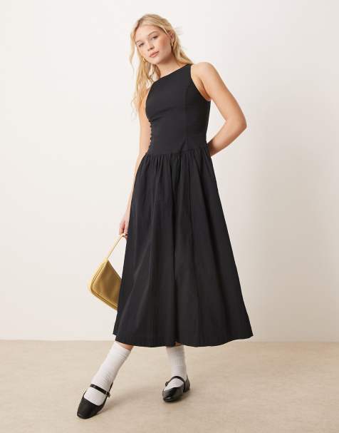 Abercrombie & Fitch – Hochgeschlossenes Midikleid in Schwarz mit tief angesetzter Taille - view 1