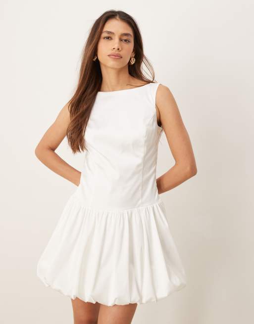 Abercrombie & Fitch – Hochgeschlossenes Minikleid in Weiß mit Rückenausschnitt und Ballonsaum