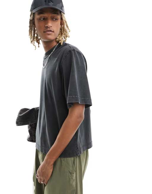 Abercrombie & Fitch – Hochwertiges, schweres T-Shirt in schwarzer Acid-Waschung mit kurzem Schnitt